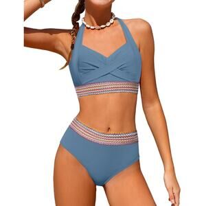 Teen Swimsuit Size 13-14 Blue Halter Neck Tie Contrast Woven Trim  2 Piece